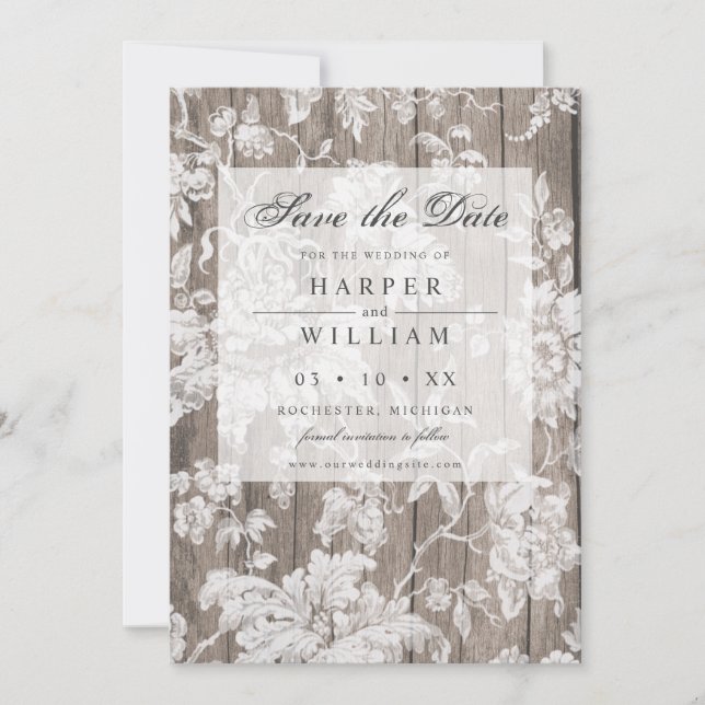 Rustic country wood and lace save the date invitation (Front)