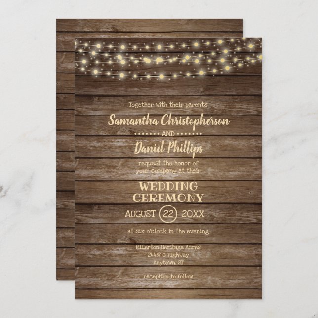 Rustic Country Wood and String Lights Wedding Invitation (Front/Back)