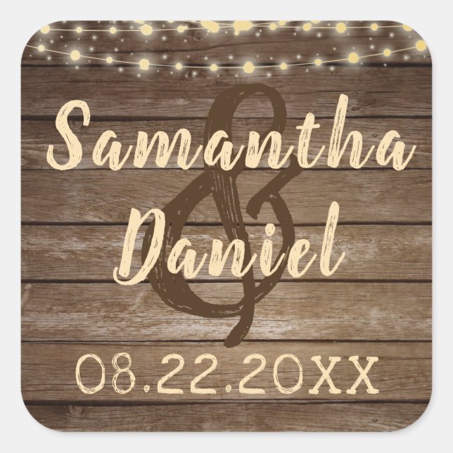 Rustic Country Wood and String Lights Wedding Square Sticker (Front)