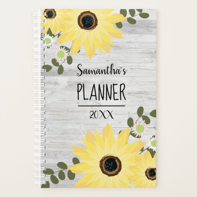 Rustic Country Wood and Sunflowers Name Planner (Front)