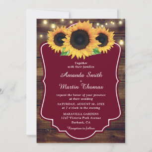 Rustic Country Wood Burgundy Sunflower Wedding Invitation