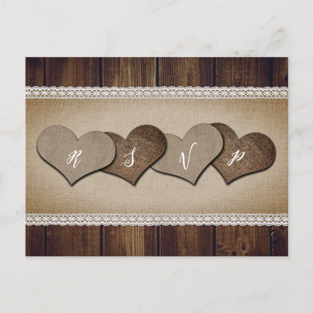 Rustic Country Wood Burlap and Lace Wedding RSVP Invitation Postcard (Front)