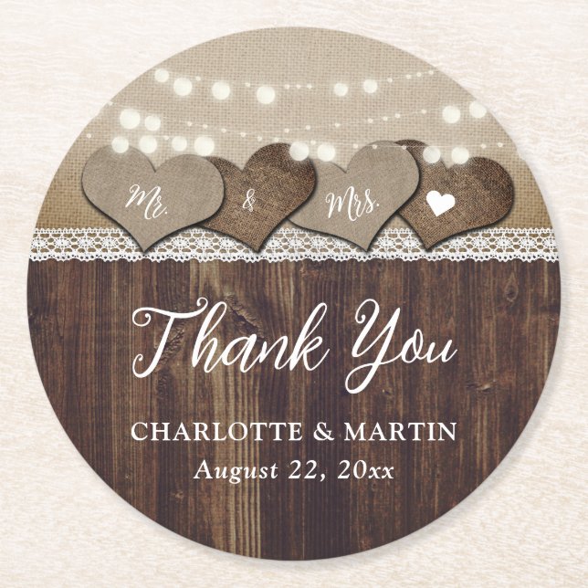 Rustic Country Wood Burlap Heart Lace Wedding Round Paper Coaster (Front)