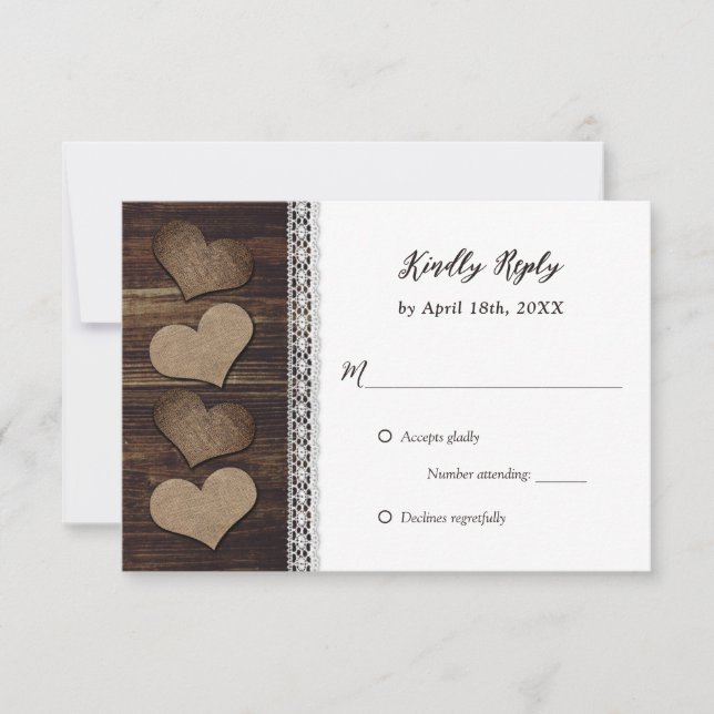 Rustic Country Wood Burlap Hearts Lace Wedding RSVP Card (Front)