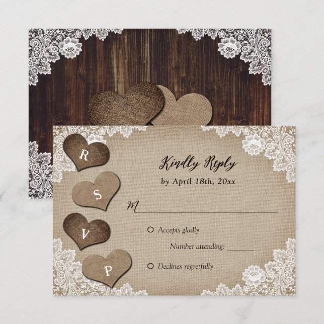 Rustic Country Wood Burlap Lace Wedding RSVP (Front/Back)