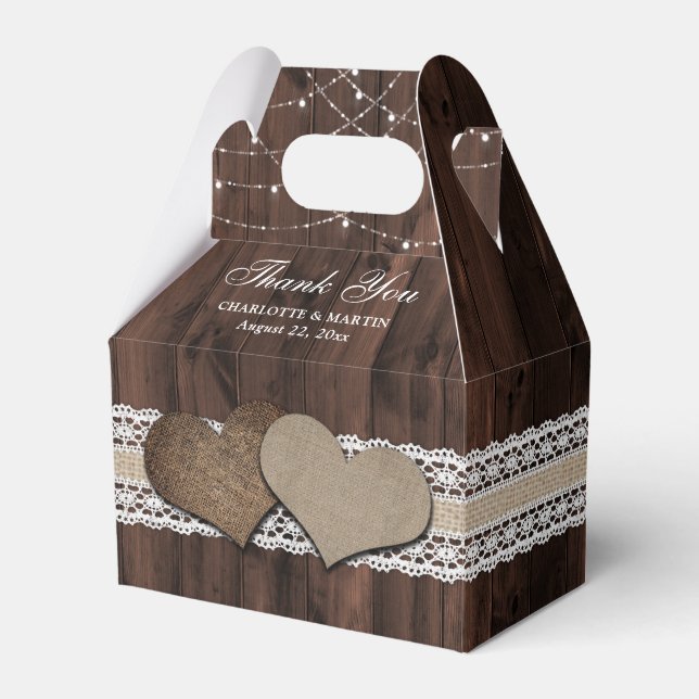 Rustic Country Wood Burlap Lace Wedding Thank You Favor Box (Front Side)