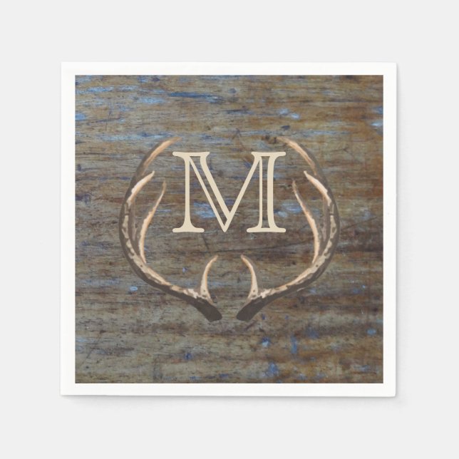 Rustic Country Wood Deer Antlers Monogram Napkin (Front)