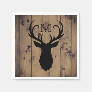 Rustic Country Wood Deer Head Antlers Monogram Napkin