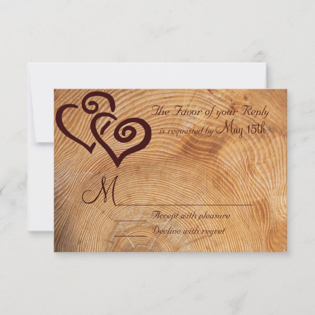 Rustic Country Wood Double Hearts Wedding RSVP Card (Front)