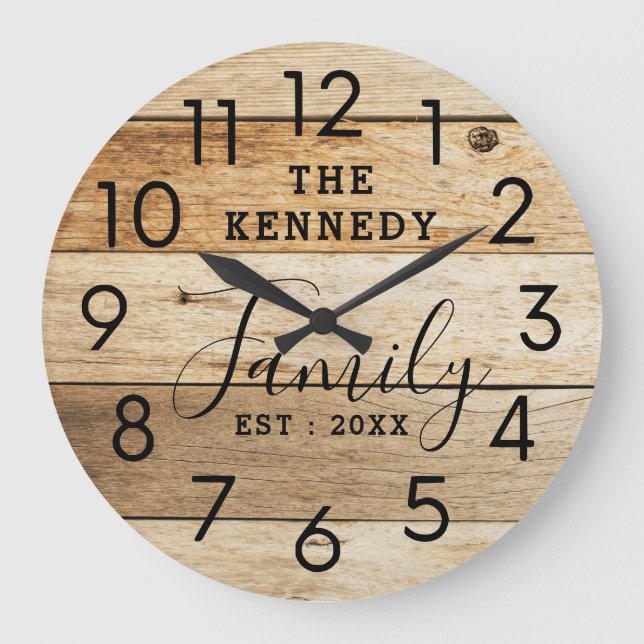 Rustic Country Wood Family Name Farmhouse  Large Clock (Front)