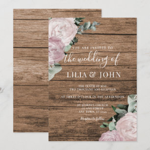 Rustic Country Wood Floral Blush Rose Wedding Invitation