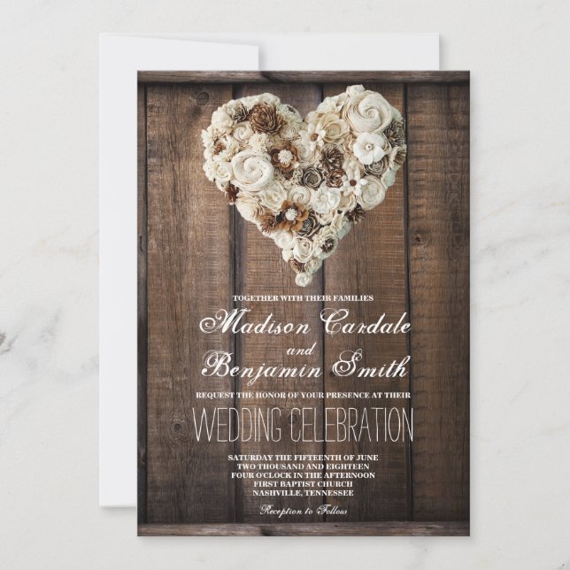 Rustic Country Wood Flower Heart Wedding Invites (Front)