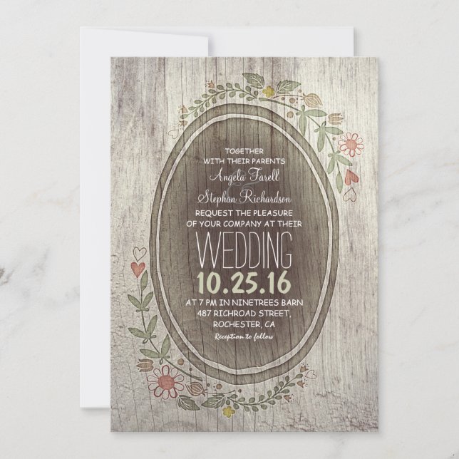 rustic country wood flowers wedding invitation (Front)