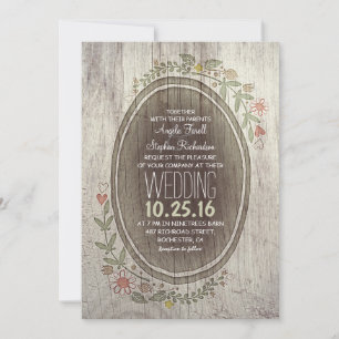 rustic country wood flowers wedding invitation
