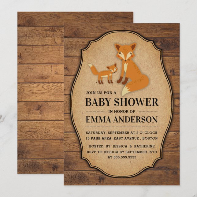 Rustic Country Wood Fox Baby shower Invitation (Devant / Derrière)