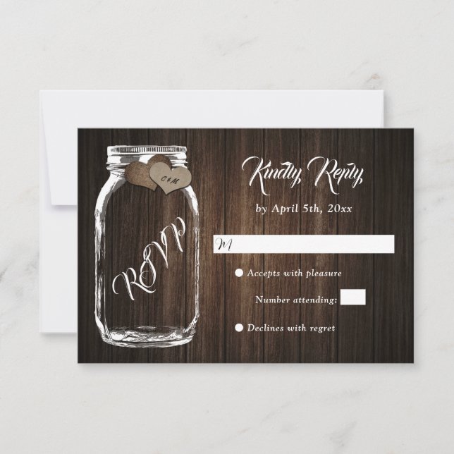 Rustic Country Wood Heart Mason Jar Wedding RSVP Card (Front)