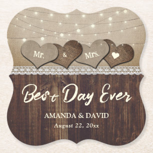 Rustic Country Wood Heart String Lights Wedding Paper Coaster