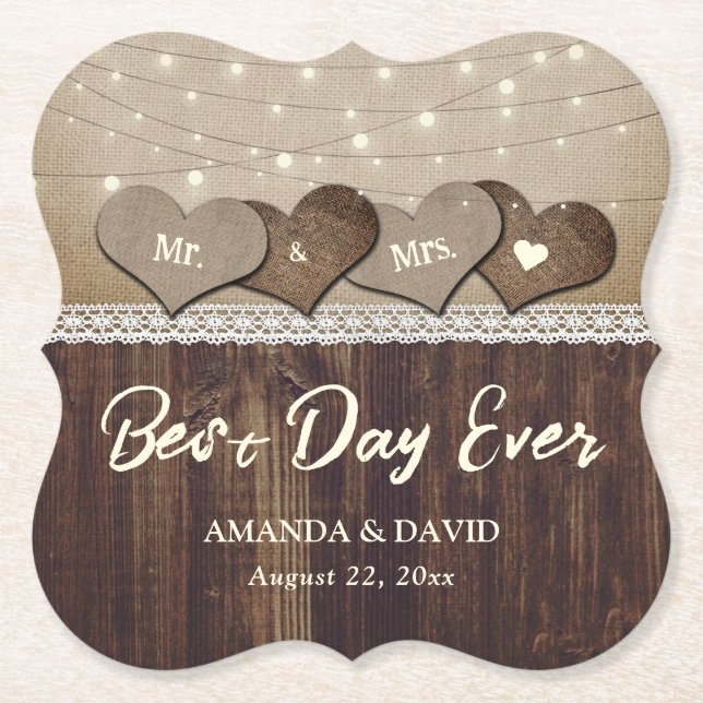 Rustic Country Wood Heart String Lights Wedding Paper Coaster (Front)