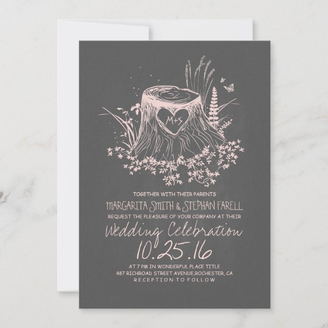Rustic country wood heart wedding invitation (Front)