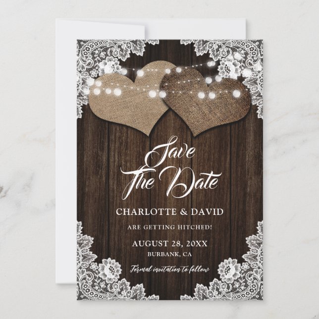 Rustic Country Wood Hearts Floral Lace Wedding Save The Date (Front)