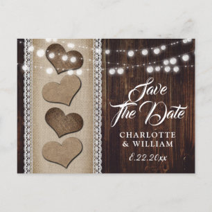 Rustic Country Wood Hearts String Lights Wedding Announcement Postcard