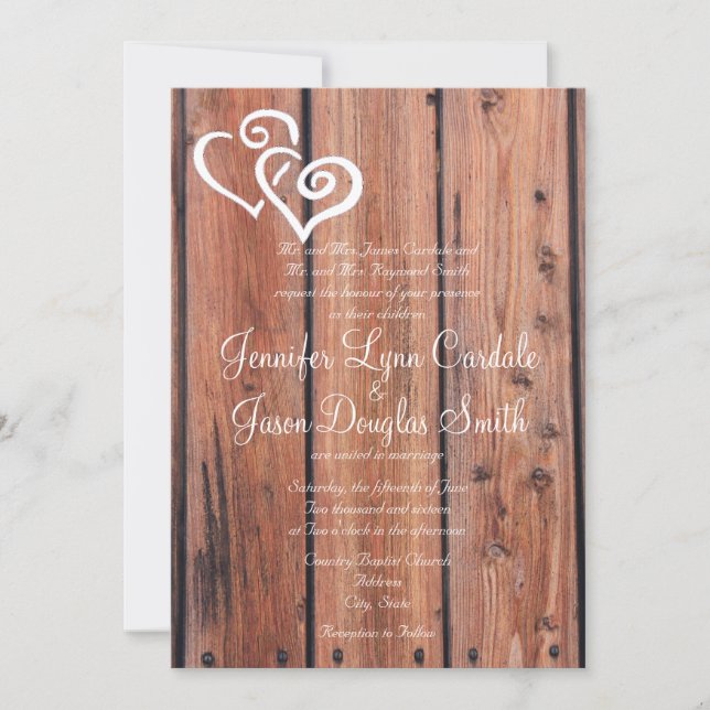 Rustic Country Wood Hearts Wedding Invitation (Front)