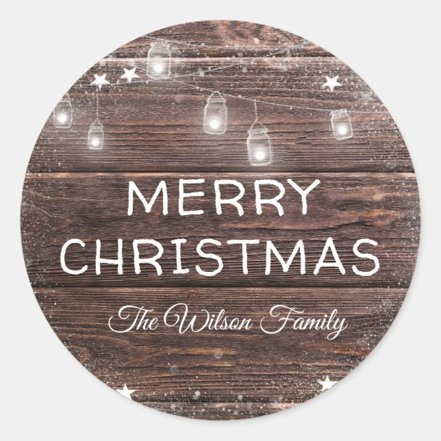 Rustic Country Wood Holiday String Lights Classic Round Sticker (Front)