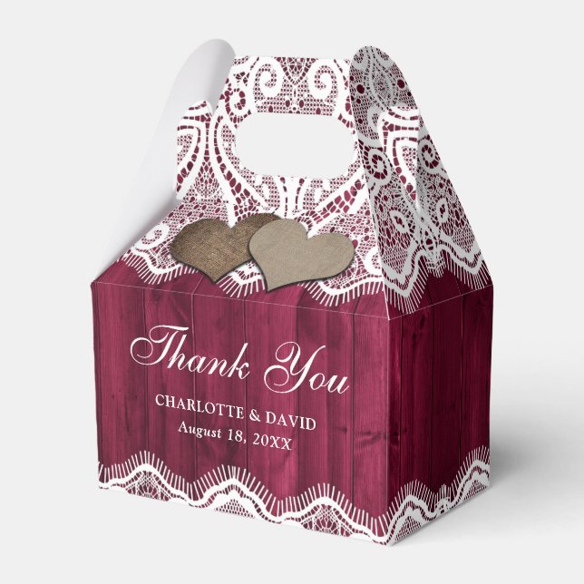 Rustic Country Wood Lace Burgundy Wedding Favor Box (Front Side)