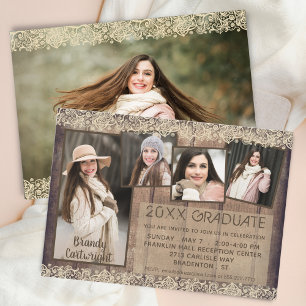 Rustic Country Wood Lace GRADUATE 5 Photos Invitation