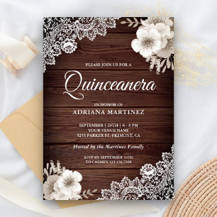 Rustic Country Wood Lace Ivory Floral Quinceanera Invitation