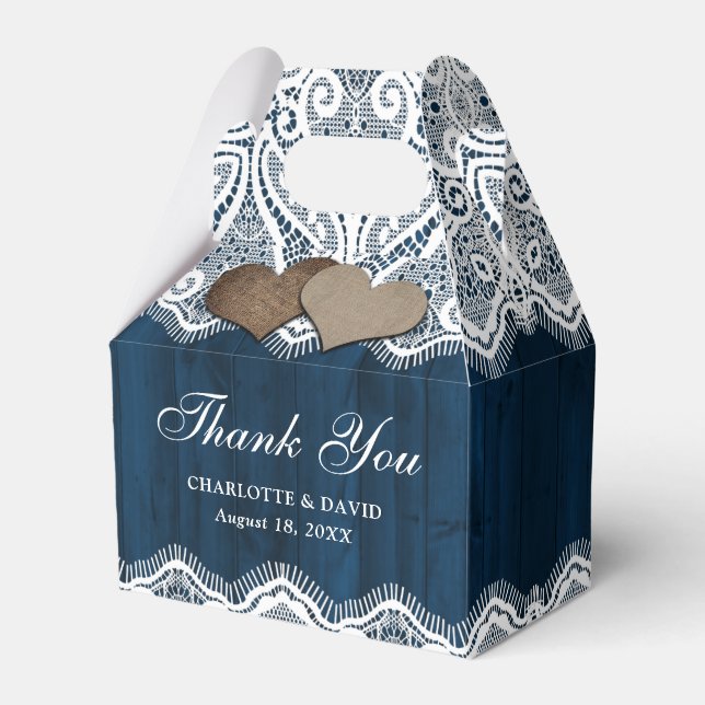 Rustic Country Wood Lace Navy Blue Wedding Favor Box (Front Side)