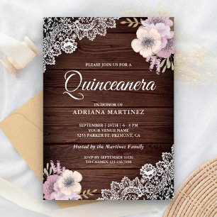 Rustic Country Wood Lace Pink Floral Quinceanera Invitation