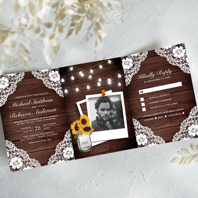 Rustic Country Wood Lace String Lights Wedding Tri-Fold Invitation (Creator Uploaded)