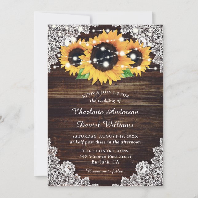 Rustic Country Wood Lace Sunflower Wedding Invitation (Front)