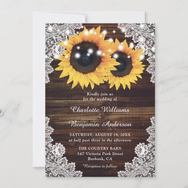 Rustic Country Wood Lace Sunflower Wedding Invitation (Front)