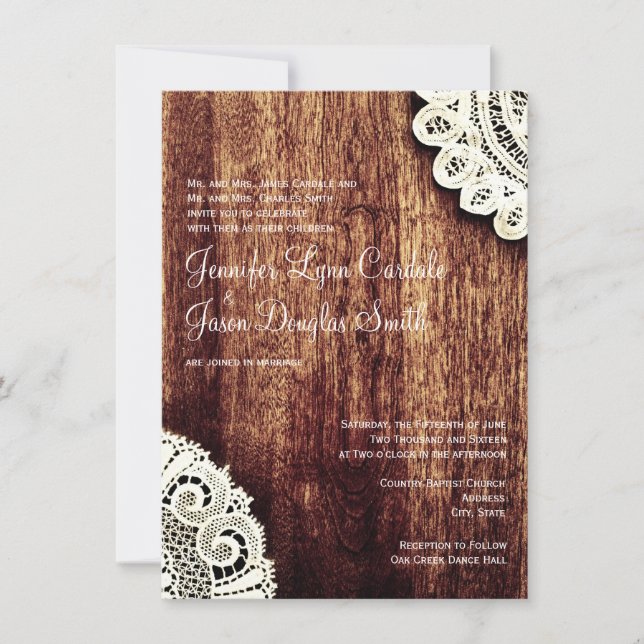 Rustic Country Wood Lace Wedding Invitations (Front)