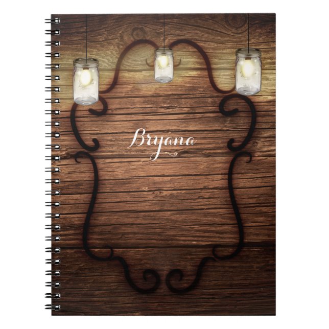 Rustic Country Wood & Lighted Mason Jars Notebook (Front)