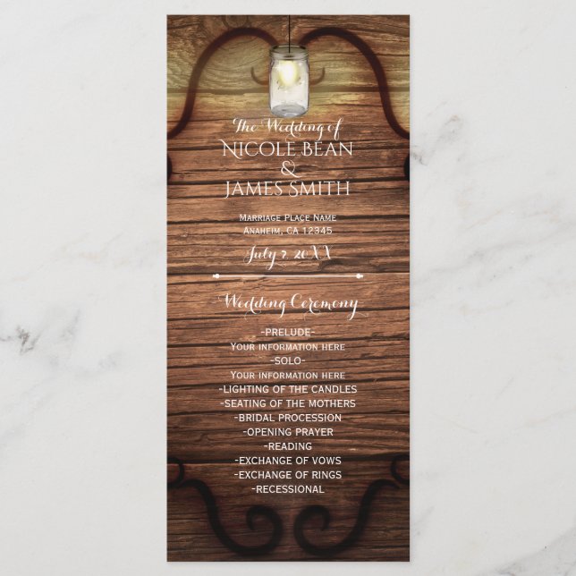 Rustic Country Wood & Lighted Mason Jars Programme (Devant)