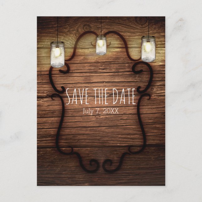 Rustic Country Wood & Lighted Mason Jars Save Date Announcement Postcard (Front)