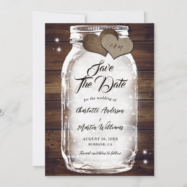 Rustic Country Wood Lights Mason Jar Wedding Save The Date (Front)