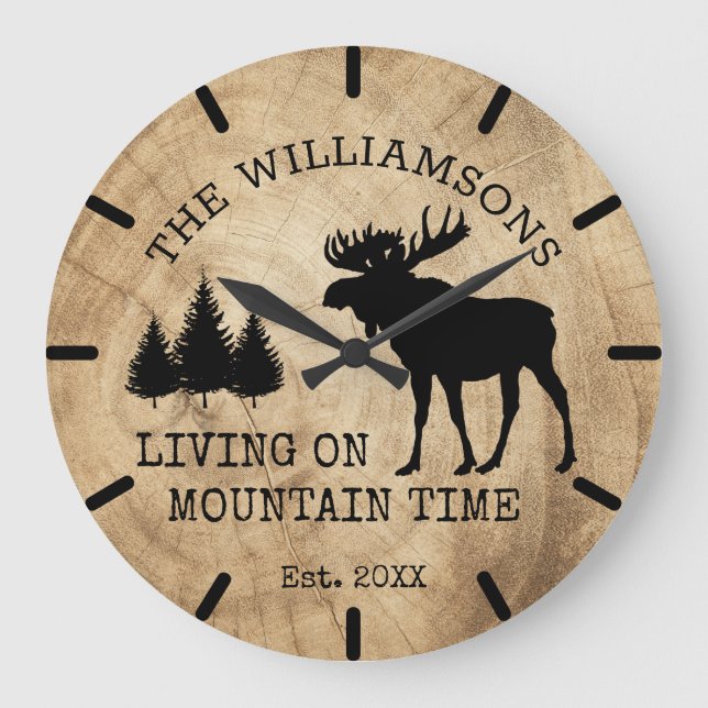 Rustic Country Wood Living on Mountain Time Moose Large Clock (Front)