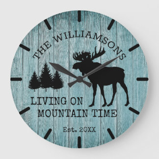 Rustic Country Wood Living on Mountain Time Moose Large Clock