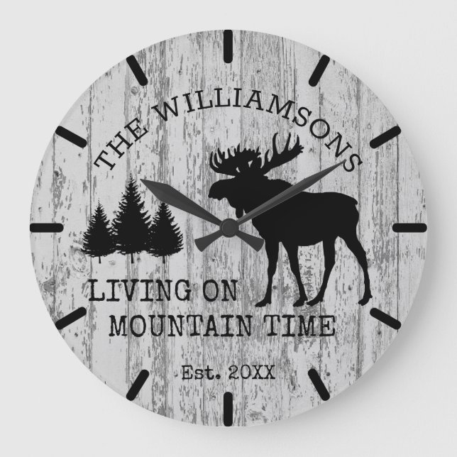 Rustic Country Wood Living on Mountain Time Moose Large Clock (Front)