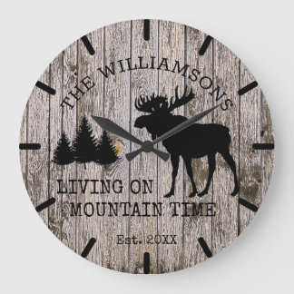 Rustic Country Wood Living on Mountain Time Moose  Large Clock