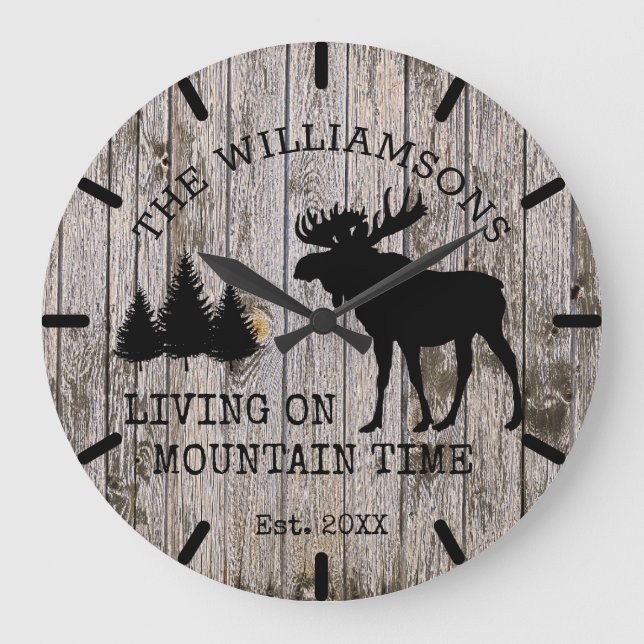 Rustic Country Wood Living on Mountain Time Moose  Large Clock (Front)