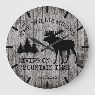 Rustic Country Wood Living on Mountain Time Moose Large Clock