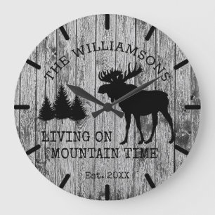 Rustic Country Wood Living on Mountain Time Moose Large Clock