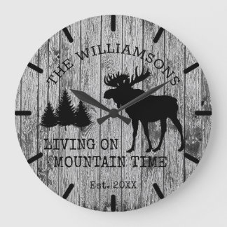 Rustic Country Wood Living on Mountain Time Moose Large Clock