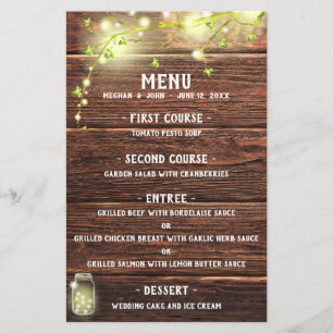 Rustic Country Wood Mason Jar Lights Menu Mariage