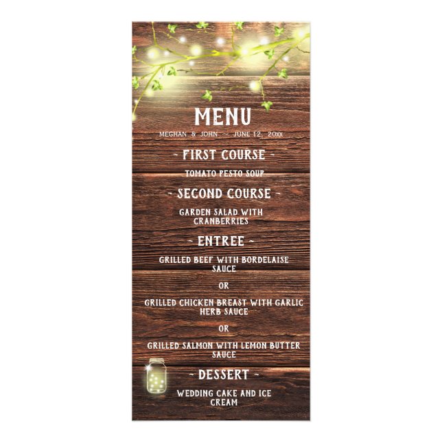 Rustic Country Wood Mason Jar Lights Wedding Menu (Front)